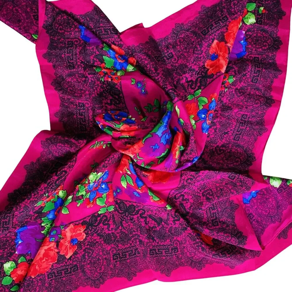 Vintage Liz Claiborne Designer Silk Scarf Lace Print Floral Design Gem Tones